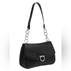 Vintage Salvatore Ferragamo Black Flap Shoulder Bag Gancini Leather Chain Link